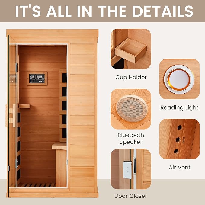 1 Person Sauna, Infrared Home Sauna for Detox & Muscle Recovery, Full Spectrum Hemlock Wooden Dry Sauna with Bluetooth & Tempered Glass Door, Compact Personal Sauna for Gym, 110V