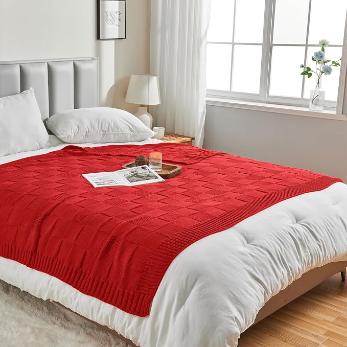 CozeCube Christmas Red Knitted Checkered Throw Blanket 50"X60" | Check Knit Throw for Couch, Decorative Christmas Soft Cozy Warm Blanket for Bed Sofa Living Room