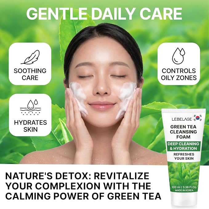 LEBELAGE Korean Green Tea Facial Cleanser 3.38 oz | Cleansing Foam Face Wash | Low pH Gentle Hydrating Daily Facial Cleanser Sensitive Skin | Deep Cleansing Foaming Cleanser, Pore Care-All Skin Types