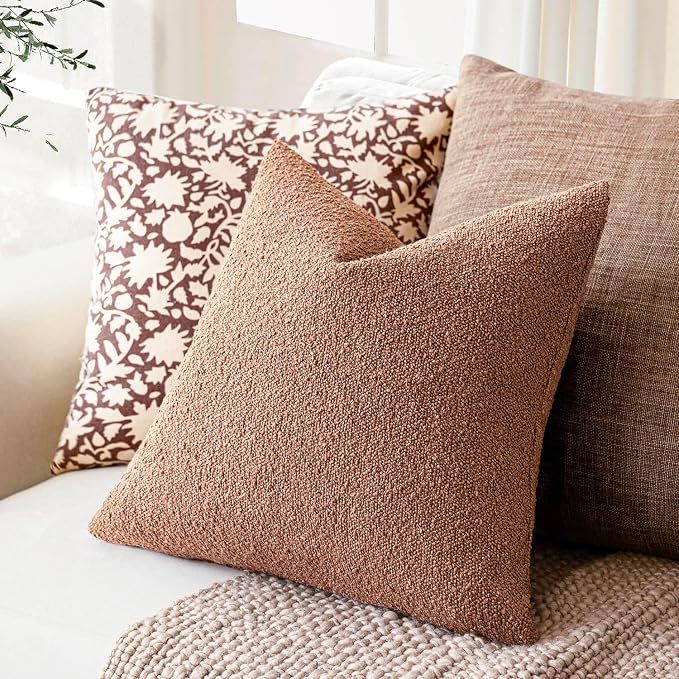 Foindtower Set of 2, Decorative Textured Boucle Throw Pillow Covers Accent Solid Pillow Cases Neutral Couch Cushion Case for Chair Sofa Bedroom Living Room Home Decor 16x16 Inch Dusty Orange Hazel