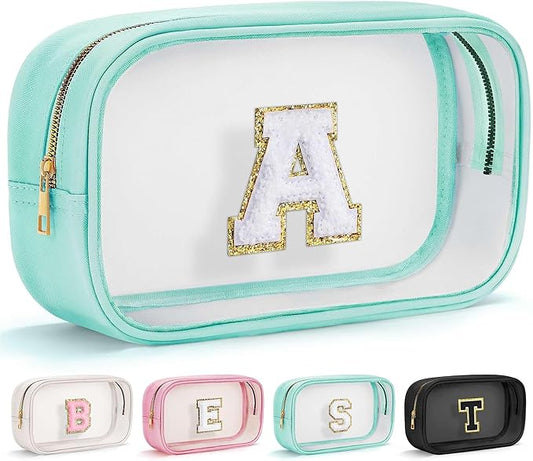 YOOLIFE Initial Clear Makeup Pouch, Clear Makeup Bag Cosmetic Travel Beach Toiletry Bag Travel Essentials Gifts for Women Teen Girlfriend Teacher Mom Birthday Gift for Women Teen Zipper Pouch Blue A