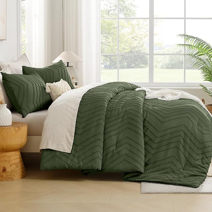 Andency Olive Green Oversized Super King Comforter Set 120x120, Extra Large King Size Comforter Oversize Boho Soft Warm Bedding Comforter Sets, 3 Pieces Aesthetic Chevron Textured Bedding Set
