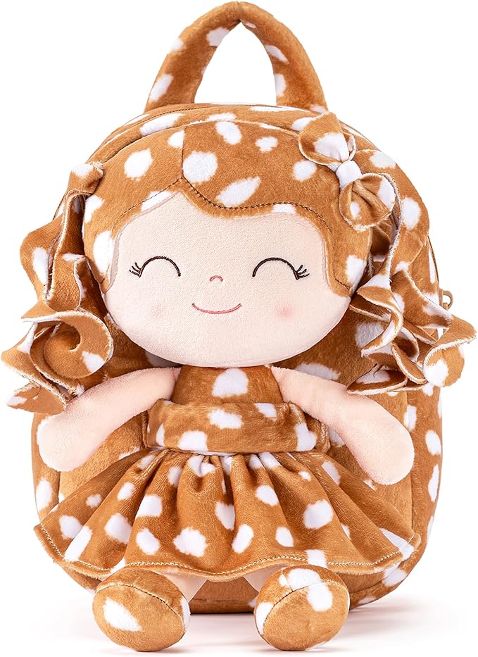 Gloveleya Toddler Backpack Baby Girl Gifts Curly Hair Plush Figure Dress Backpack Kids Backpack Curly Animal - Fawn 9 Inches