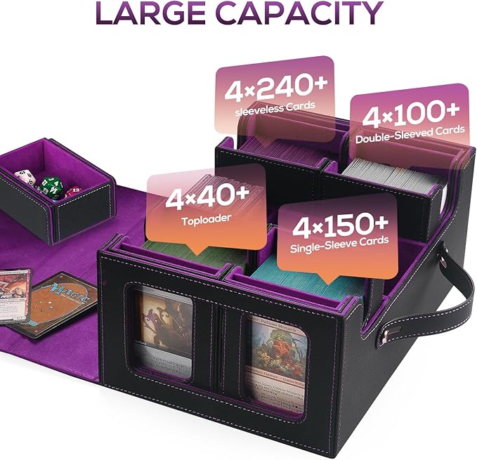 Trading Card Storage Box for MTG, MTG commander deck box，Multi-purpose Deck Case for MTG TCG Sports Card, 4 Toploaders, 4 Stoppers, 4 Colorful Dividers (Black & Purple)