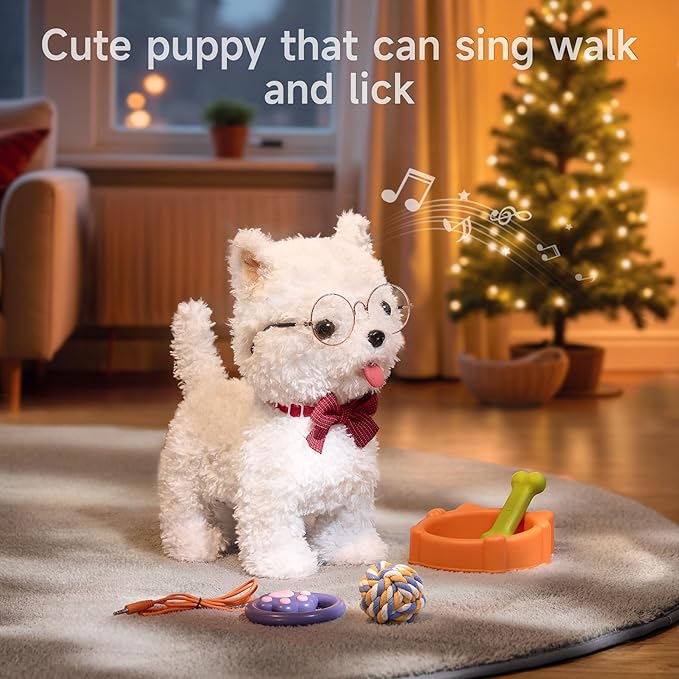 Electronic Dog Toy Pet with Leash, Remote Control Interactive Robot Dog, Dress Up Plush Puppy with Walking, Barking, Tongue Licking, Tail Wagging, Walking Puppy Toys for Age 3+ Kids