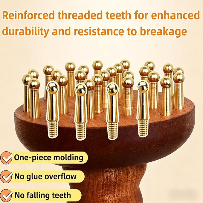 29teeth Copper Head Massage Comb for Body and Scalp Meridian Point Massager Brush for Body and Scalp Relief Body Massage Brush for Cellulite Remover Chinese SPA Gua Sha Tool Wooden Handle