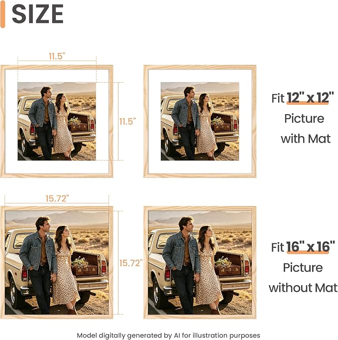 upsimples 16x16 Picture Frame, Display Pictures 12x12 with Mat or 16 x 16 Without, Wall Hanging Square Frames, Natural Style, 1 Pack
