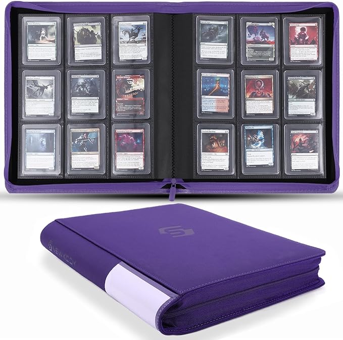 Snekdy Top loader Binder, 9 Pockets Top Loader，Holds 360 Top Loaders cards, Card binder with Sleeves for card in 3 x 4 inches color smooth Zipper PU Leather (Purple)