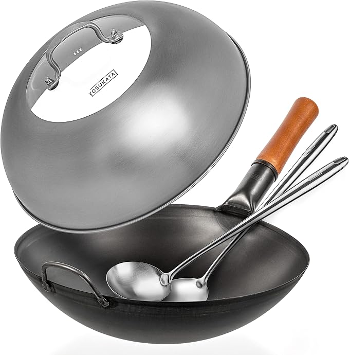 YOSUKATA Carbon Steel Wok Pan - 14 “ Woks and Stir Fry Pans With Lid 13.6 Inch - Premium Stainless Cover with Tempered Glass Insert Steam Holes +17’’ Spatula and Ladle