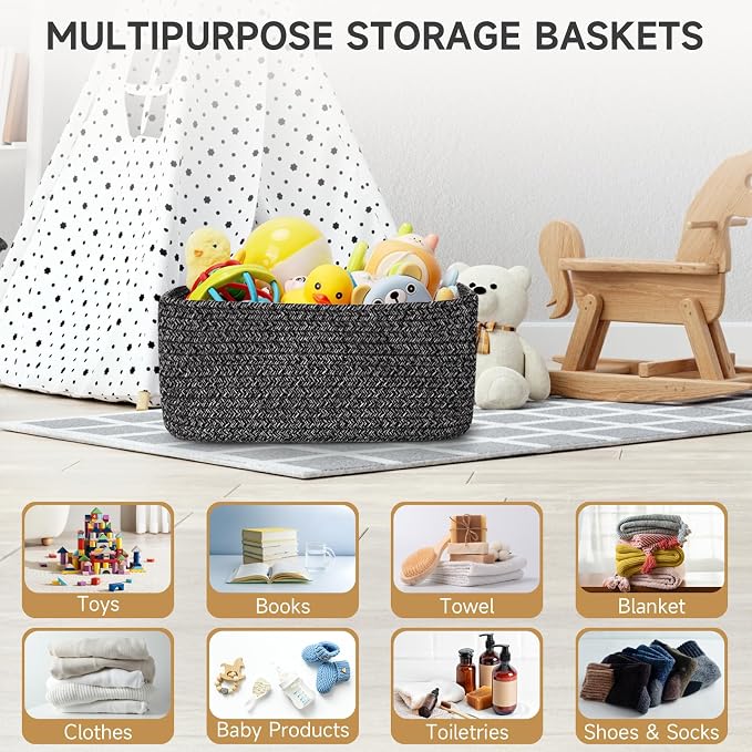 3 Pack Storage Baskets for Organizing, 13.7×9.5×6.3", Mixed Black | Woven Baskets for Shelves, Cotton Rope Basket for Gifts Empty, Closet Organizer Bins with Handles, Cube Decorative Box