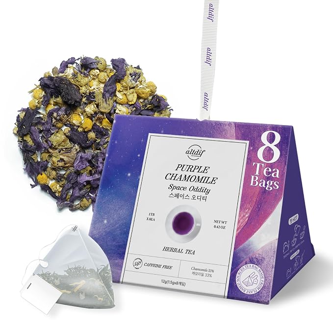 ALTDIF Purple Chamomile Space Oddity Organic Herbal Tea Bag Set - Black Tea with Muscat Grape and Rose Notes - Luxury Tea Box for Relaxation - Fancy Tea Box for Women - 8 Pyramid Teabags