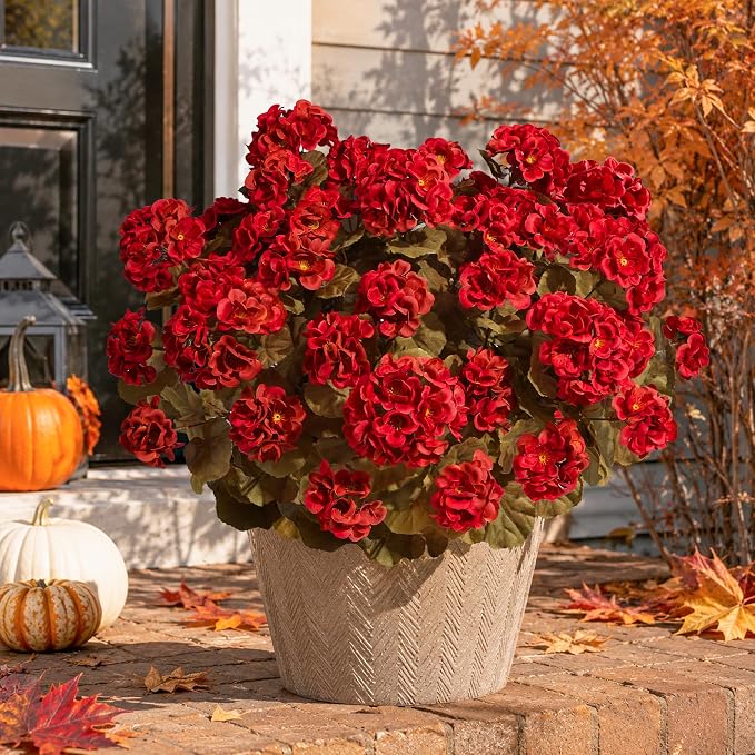 Fake Geraniums Artificial Flowers for Outdoors Fall Autumn Decoration, 6 Bundles Silk Geraniums Look Real Faux Fall Flowers Plants for Front Door Garden Planter Patio Balcony Yard Home Indoor, Red