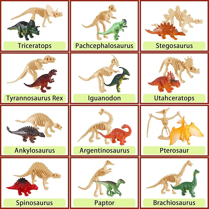 UPINS 24 pcs Dinosaur Skeleton Toy 3.5 Inch Assorted Figures and Dinosaur Fossil Skeletons with Storage Box Educational for Science Play Dino Sand Dig Party Favor Decorations