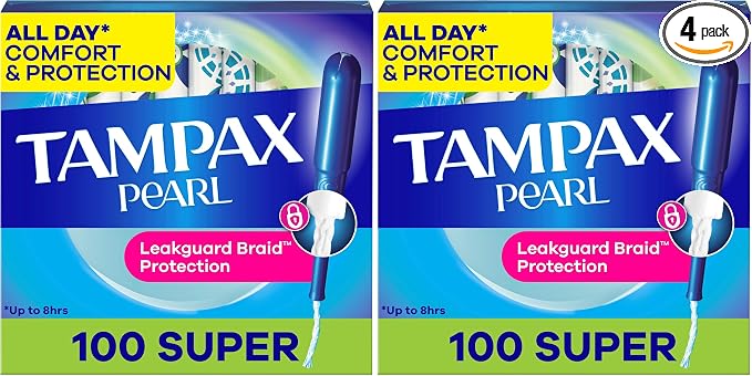 Tampax Pearl Tampons for Women,with LeakGuard Braid,Super Absorbency,Unscented,100 Count (Pack of 2)