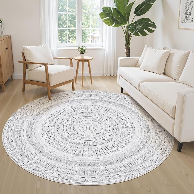 cotiled 5x5 Round Area Rugs Living Room Rug: Washable Boho Rugs with Non Slip Backing Large Soft Indoor Stain Resistant Carpet for Bedroom Farmhouse Dining Room Lightweight Home Decor Dark Grey
