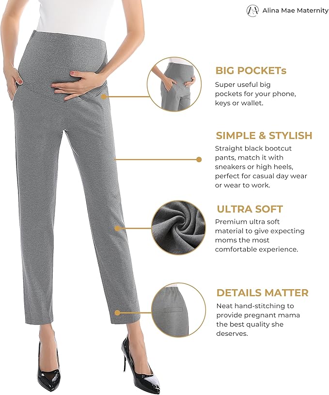Maternity Pants Work Over The Belly with Pockets, Womens Pregnancy Dress Pants Office Clothes Trousers Stretch Summer