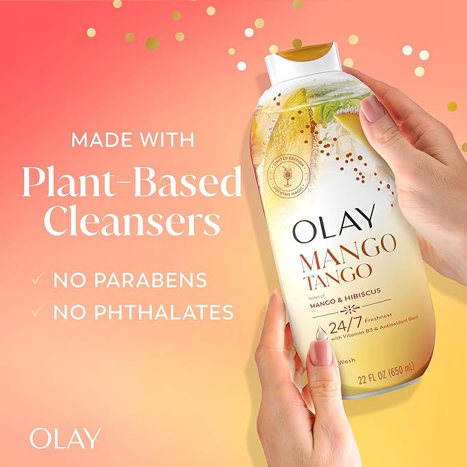 Olay Body Wash for Women, 24/7 Skin-Loving Freshness, Miami Mocktails, Plant Based Cleansers, Vitamin B3 & Antioxidant Blend, For All Skin Types, Mango Tango with Mango & Hibiscus Scent, 22 fl oz