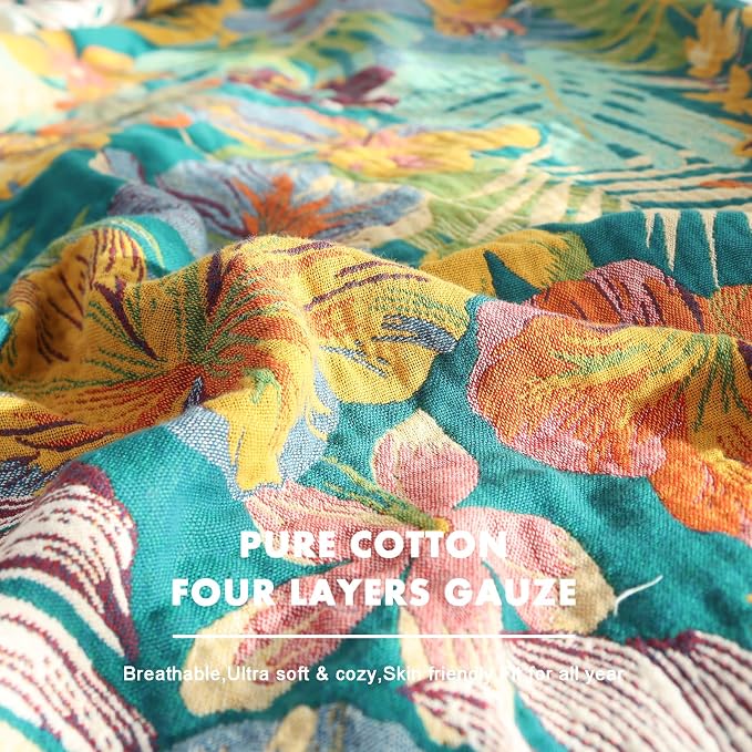 MSGKV Boho Throw Blanket 60"x80" Cotton Floral Blanket for Couch Sofa Bed | Super Soft Muslin, Everyday Comfort, Living Room Decor, Bedroom Decor, Breathable Lightweight, Machine Washable, Cozy Comfort
