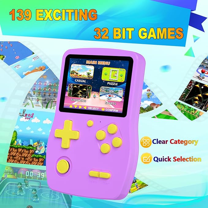32 Bit Handheld Games for Kids Preloaded 139 Video Games, Portable Video Gaming Player with 3.0" IPS Screen and Rechargeable Battery, Mini Travel Games Electronic Gifts Toys for Boys Girls, Purple