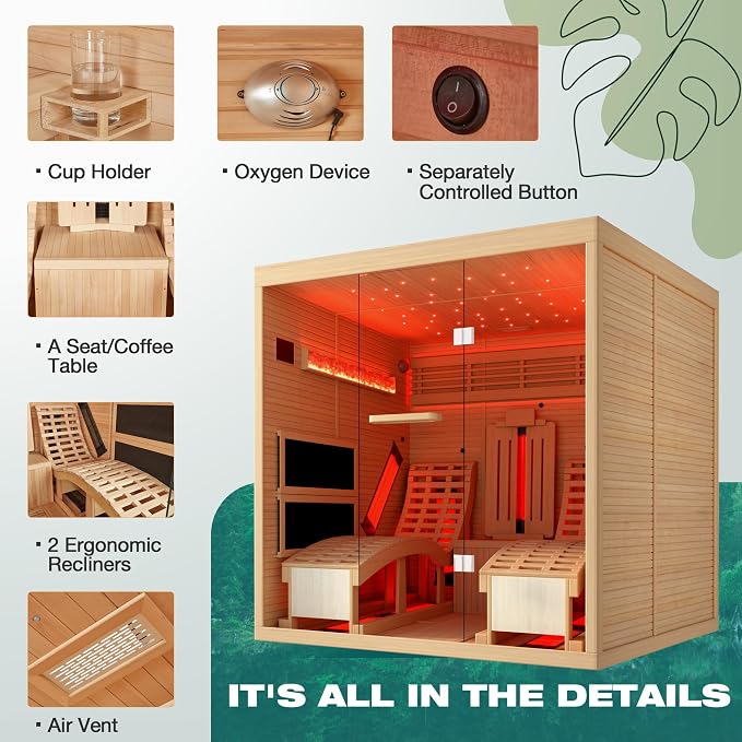 Infrared Sauna,2 Person Luxurious Indoor Sauna with Recliner, Wooden Sauna with 7-Color Starry Ceiling,9 Heating Tubes,5 Carbon Panels,2-in-1 Door Handle,Himalayan Salt Brick,220V
