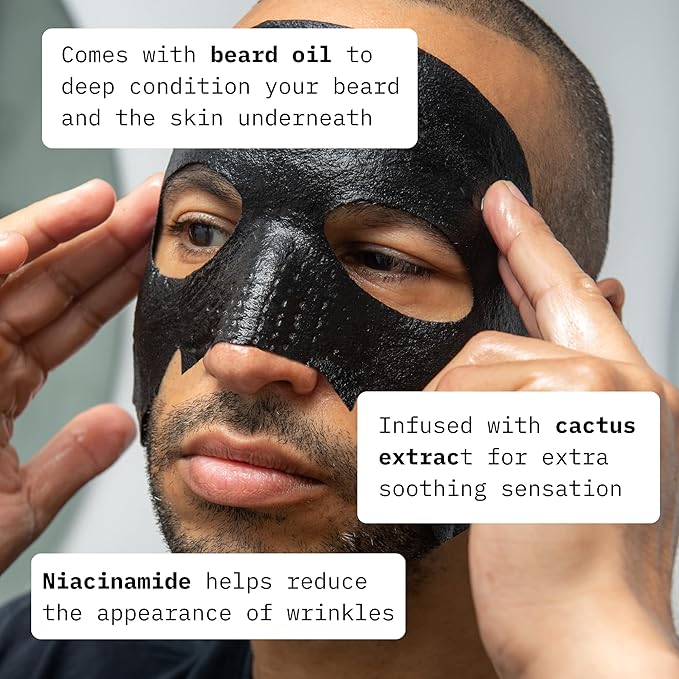 Cardon Complete Face & Beard Care Sheet Masks for Men - Korean Face Masks Skincare with Bamboo Charcoal Detox + Premium Beard Oil - 4 Pack for Deep Hydration, Anti-Aging & Post-Shave Comfort