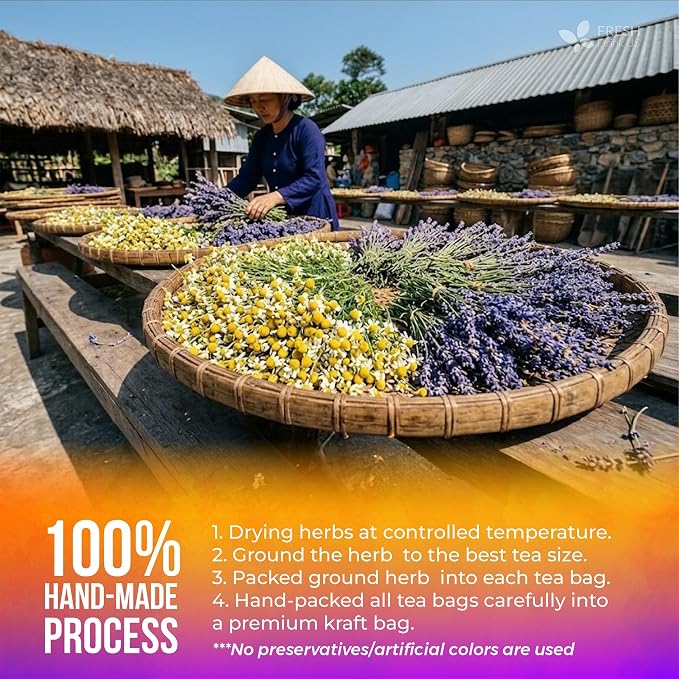 FreshDrinkUS, Premium 135 Chamomile Lavender Tea Bags, 100% Natural Herbal Ingredients, Hand-made Blend of Chamomile Lavender Flowers, Eco-conscious Tea Bags. No Sugar, No Caffeine, No Gluten, Vegan