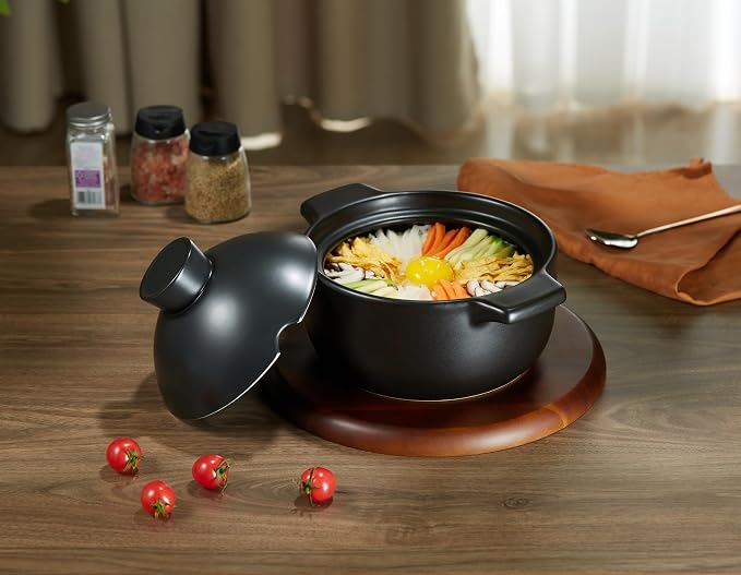 Kook Korean Dolsot Bowl with Lid, 68 oz | Donabe Style Cookware for Bibimbap, Kimchi, Soups & Stews | Oven & Dishwasher Safe, Black