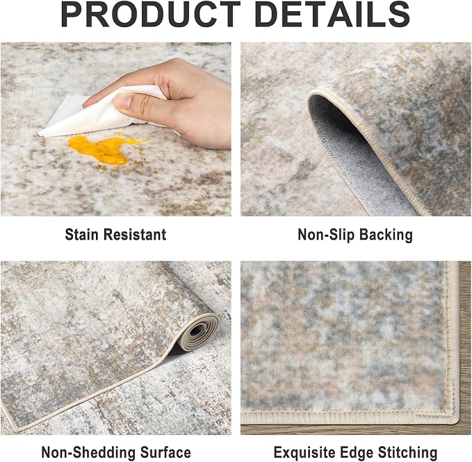 Area Rugs 9x12 Living Room - Washable Rug Modern Abstract Soft Large Neutral Non-Slip Carpet Indoor Floor Stain Resistant Thin Carpets for Bedroom Dining Room Farmhouse Nursery Home Office Brown Grey