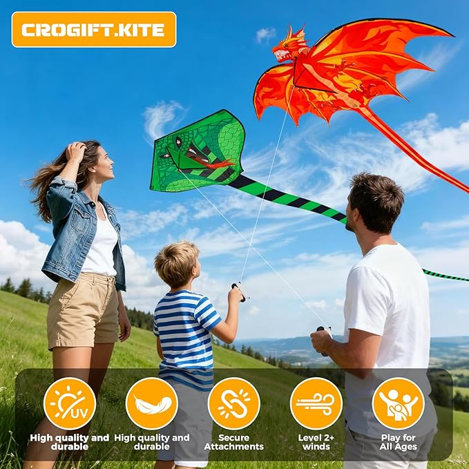 4 Pack Kites - Large Fire Dragon Kite Green Snake Devil Fish Red Mollusc Octopus with Long Colorful Tail for Kids Adults Beach Toy Gifts Outdoor Game Activities