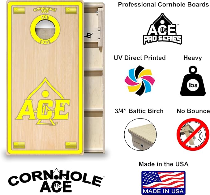 CornholeAce ACE PRO Professional Cornhole Boards - No Bounce! Triple Wide Legs, 3/4" Baltic Birch Plywood, Handles, Regulation Size (4x2ft), Tournament Style, Made in USA