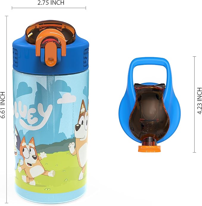 Zak Designs Bluey Kids Water Bottle Durable Plastic Spout Cover and Built-in Carrying Loop, Leak-Proof Water Design for Travel, (16oz, 2pc Set), 2pk