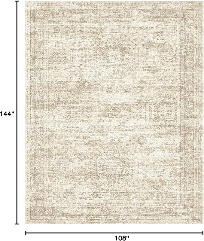 Soalmost 9x12 Area Rugs for Living Room Washable Rug Non-Slip Beige | Large Vintage Stain Resistant Carpet for Dining Bedroom, Low Pile Lightweight Foldable Floor Mat Nursery Home Office Decor