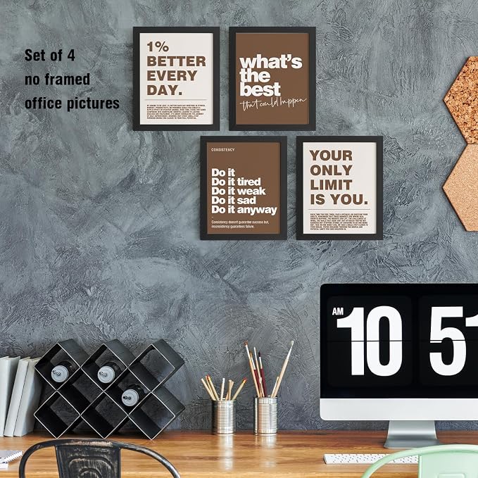 DSHFG Motivational Inspirational Office Wall Art Decor Prints Brown | Office Motivational Wall Decor Trendy Retro Positive Affirmations Quotes Wall Decor Posters, 8x10 Unframed Set of 4