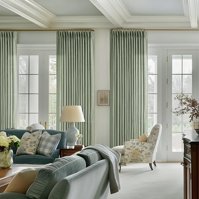 Sage Green Pinch Pleat Semi Sheer Linen Curtains 102 Inches Long 2 Panels | for Living Dining Room, 400GSM Flax Linen, Pinch Pleated with Hook Rings Back Tab, Memory Shape Trained, Light Filtering