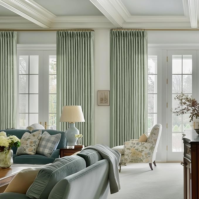 Sage Green Linen Curtains Pinch Pleated 84 Inches Long 2 Panels Set 40x84 | for Living Room Bedroom, Pinch Pleat with Rings Back Tab Semi Sheer Light Filtering Privacy, Boho Farmhouse, Light Green