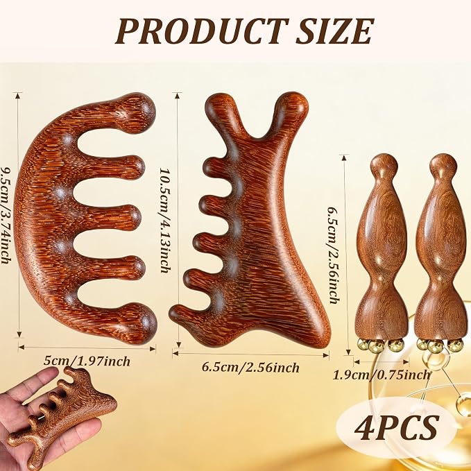 TOMULE 4Pcs Sandalwood Massage Tool Set with Cotton Linen Storage Bag | Cooling Brass Eye Roller, 5-Finger Scalp Massager, Gua Sha Comb, Reduce Puffiness and Relieve Stress