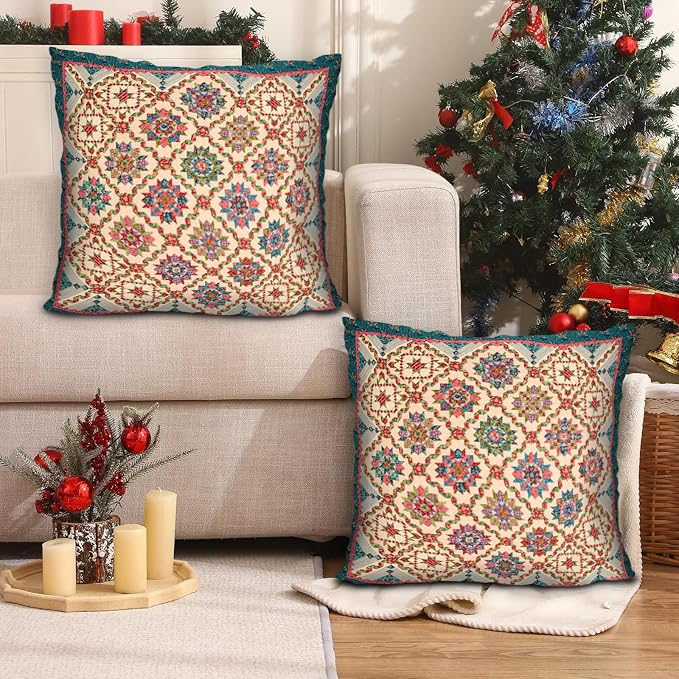 Boho Throw Pillow Covers 16x16 inch Set of 2,Boho Vintage Carpet Pattern Antique Ethnic Decor Double Sided Pattern Cushion Cover Soft Pillow Case Living Sofa Room Bed Square Pillow Cover