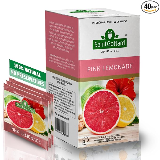 Pink Lemonade Saint Gottard Premium Herbal Tea – Natural Botanical Blend for Cleanse & Digestive Support – 40 Tea Bags – Naturally Low in Caffeine – Pure Herbs, Hot or Iced, Sweet