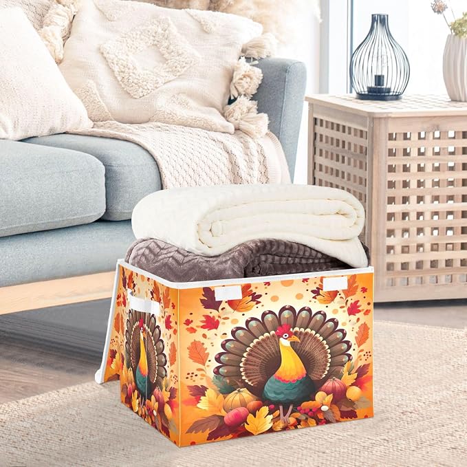 Thanksgiving Turkey Storage Bins with Lids and Carrying Handle,Foldable Storage Boxes Organizer Containers Baskets Cube with Cover for Home Bedroom Closet Office