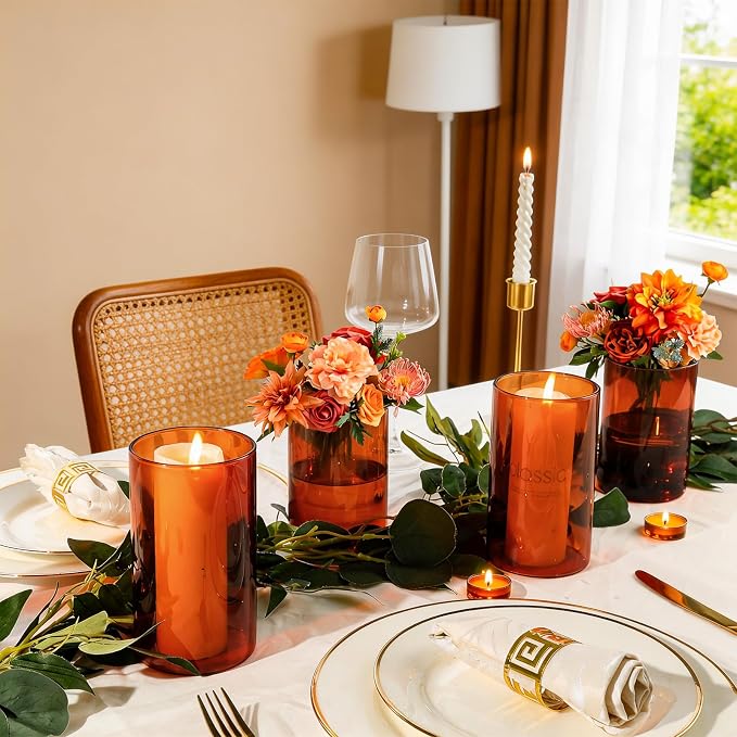 12pcs 6 Inch Amber Glass Cylinder Vases for Centerpieces | Flower Vases for Wedding, Home & Party Decor, Hurricane Floating Candle Holders for Table & Shelf