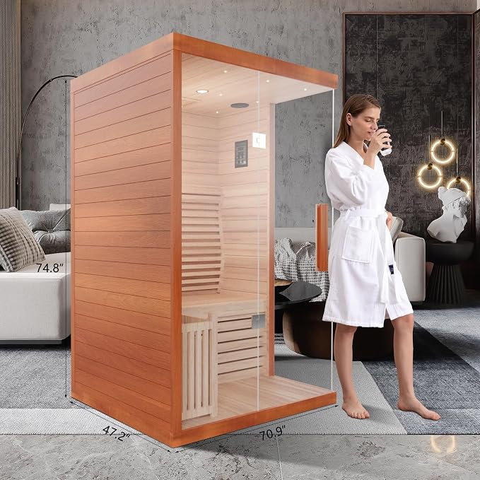 ZONEMEL 3 Person Wooden Steam Sauna Room, Canadian Red Cedar Luxurious Indoor Sona House with 6 KW Heater, WiFi Controller, Bluetooth Speaker, Wooden Bucket, Scoop, Reading Light, 220V, 195℉
