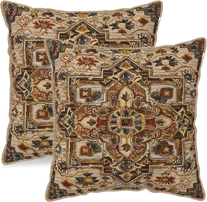 KSLIDS Boho Brown Soft Velvet Throw Pillow Covers Set of 2 Vintage Bohemian Rug Carpet Decorative Pillow Covers 18x18 Inch Antique Ethnic Pillow Case for Sofa Couch Living Room Home Decor