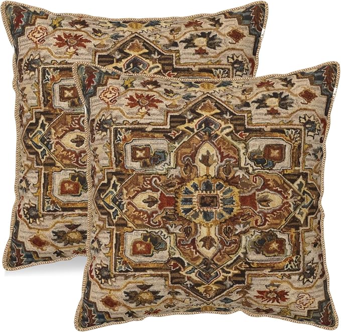 KSLIDS Boho Brown Soft Velvet Throw Pillow Covers Set of 2 Vintage Bohemian Rug Carpet Decorative Pillow Covers 16x16 Inch Antique Ethnic Pillow Case for Sofa Couch Living Room Home Decor
