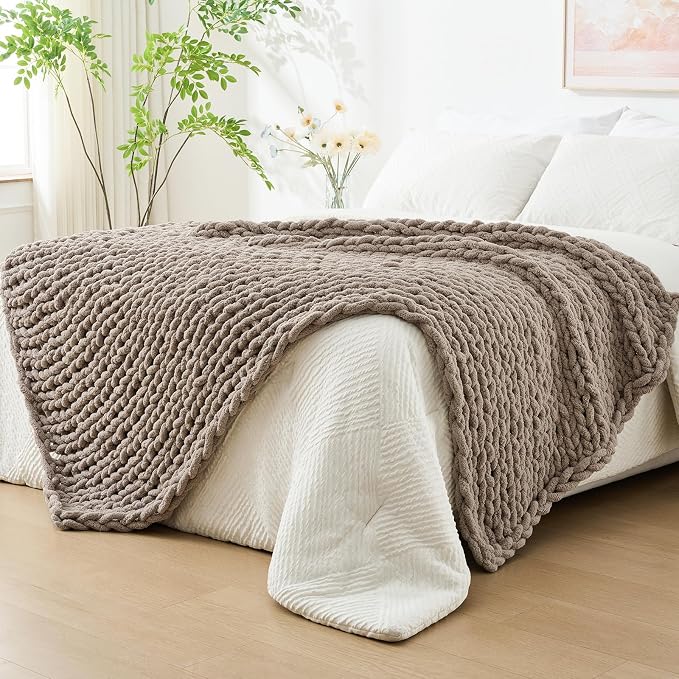Bigacogo Chunky Knit Throw Blanket for Couch, 60x80 inches, Taupe | Hand Knit with Jumbo Chenille, Soft Breathable Cable Knit for Sofa Bed Living Room, Machine Washable, Gift for Mom Friend