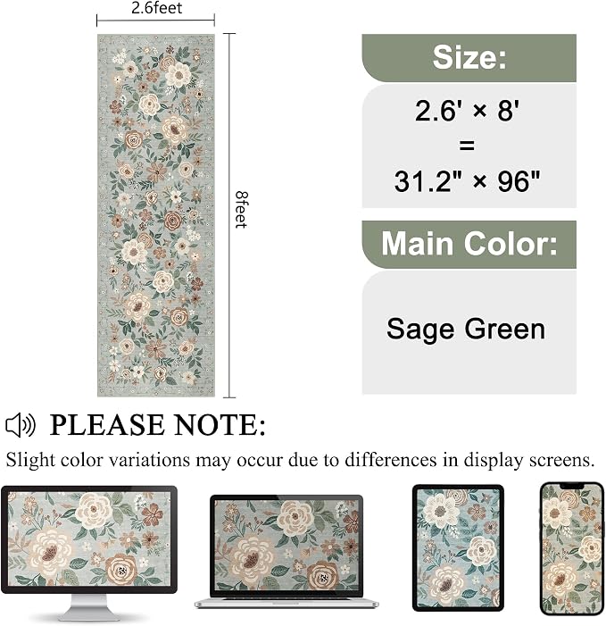 DUKINO 2.6x8 Runner Rug Washable Runner Rug for Hallway Non Slip Sage Green | Low Pile, Soft, Floral Indoor Rug for Kitchen, Entryway, Bedroom, Bathroom, Pet Friendly, Stain Resistant, Modern Home Decor