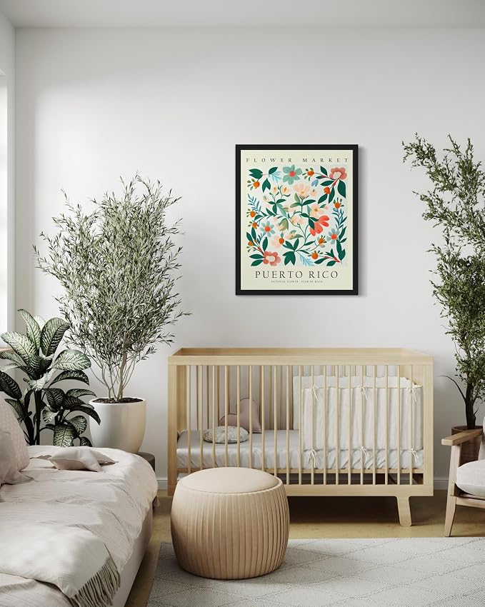 Puerto Rico, Flor De Maga Art Print Poster, Flower Market Wall Art, Floral Artwork Decor for Bedroom, Kitchen, Bathroom, Livingroom Decoration 52 (Puerto Rico, Flor De Maga, 10"L x 8"W, Black Frame)