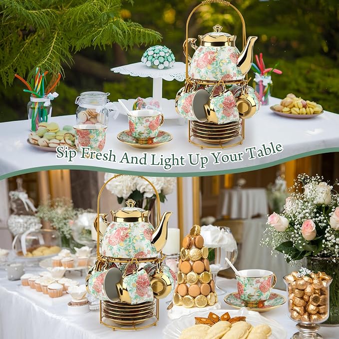 20 Pcs Porcelain Tea Set with Metal Holder, Adult Tea Set Gift, European Ceramic Tea Set for Adults, Flower Tea Cup Saucer Set for Party With Gold Flower Painting (Vibrant Green)