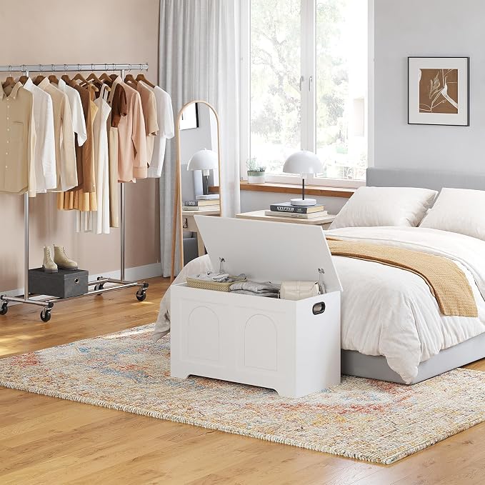 Storage Chest, Wooden Toy Box, White 31.5" L | Entryway Shoe Bench, 2 Soft-close Hinges, Finger-safe Flip-Top Lid, Easy Assembly, Farmhouse Large Trunk, Living Room/Bedroom