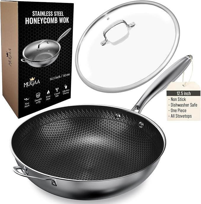 MUGAA® 12.5" Honeycomb Stainless Steel Wok with Lid Nonstick Induction Safe | Heavy-Duty Stir Fry Pan, Induction Compatible & Even Heat Distribution, PFOA-Free Non Toxic Cookware, Oven & Dishwasher Safe