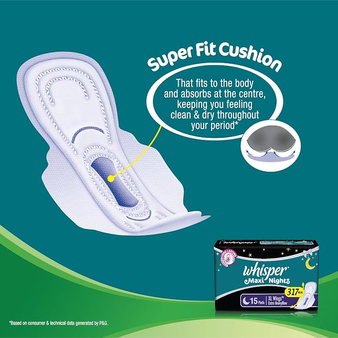Whisper Maxi Nights Sanitary Pads for Women, XL, Pack of 15 Napkins